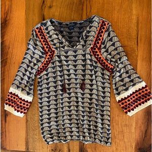 Lucky Brand Aztec Print Blouse w/ Embroidery, Tie Front, Elastic at Hem, Sz Sml